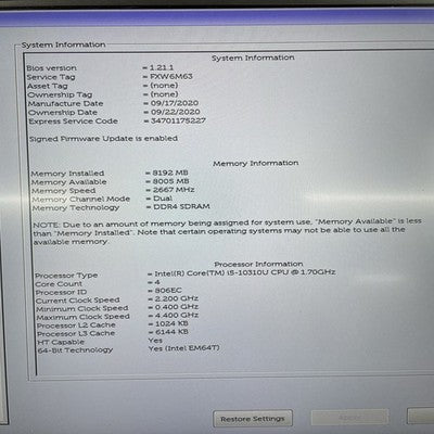 Dell Latitude 7410 14" i5-10310U 1.70 GHz 8 GB RAM No SSD/OS/AC Missing Rubber