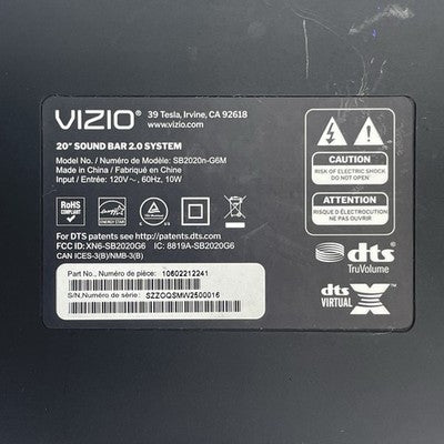 Vizio 2.0 SB2020N-G6M Bluetooth Sound Bar No Remote No Power Cord