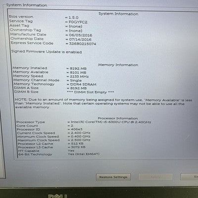 Dell Latitude E5570 15.6" i3-6300U 2.40 GHz 8 GB RAM No SSD No OS No Battery