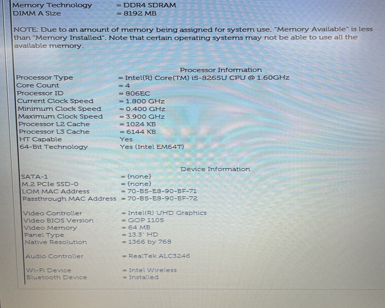 Dell Latitude 3310 13.3" i5-8265U 1.60 GHz 8 GB RAM No SSD/OS/AC/Batt - READ