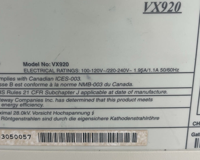Gateway VX920 Diamondtron NF 17" Flatscreen CRT Monitor 1600x1200 85Hz