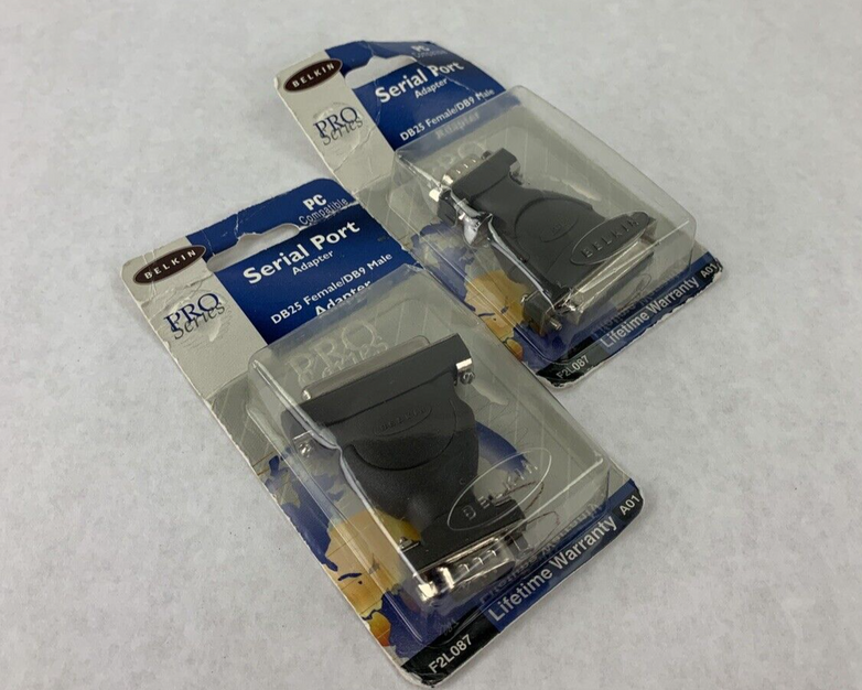 Lot of 2 New Belkin F2L087 Serial Port Adaptor DB9 Male / DB25 Female