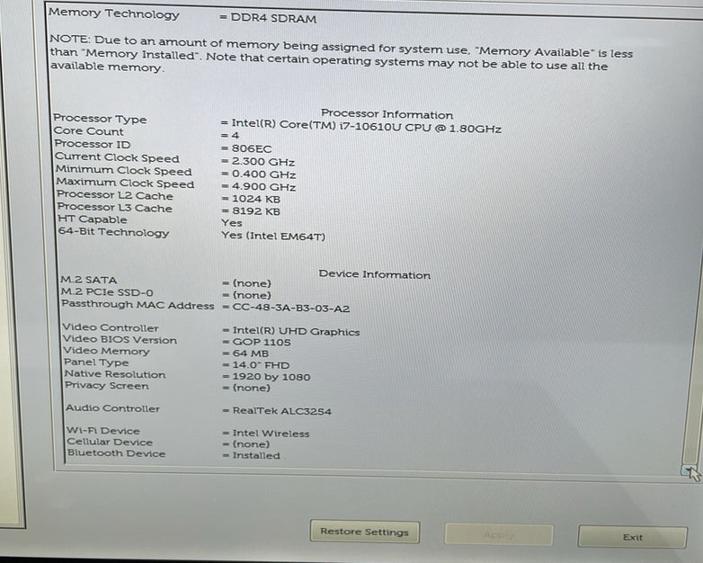 Dell Latitude 7410 14" i7-10610U 1.8GHz 16GB RAM No SSD/OS/AC/Batt-Scratched Key