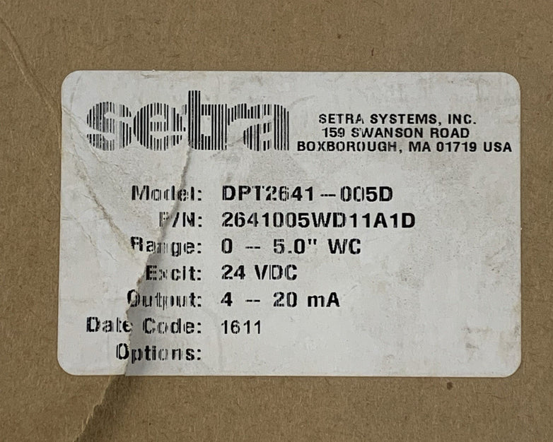 Setra 264 DPT2641-005D Differential Pressure Tranducer 0-5.0" 4-20mA 24VDC