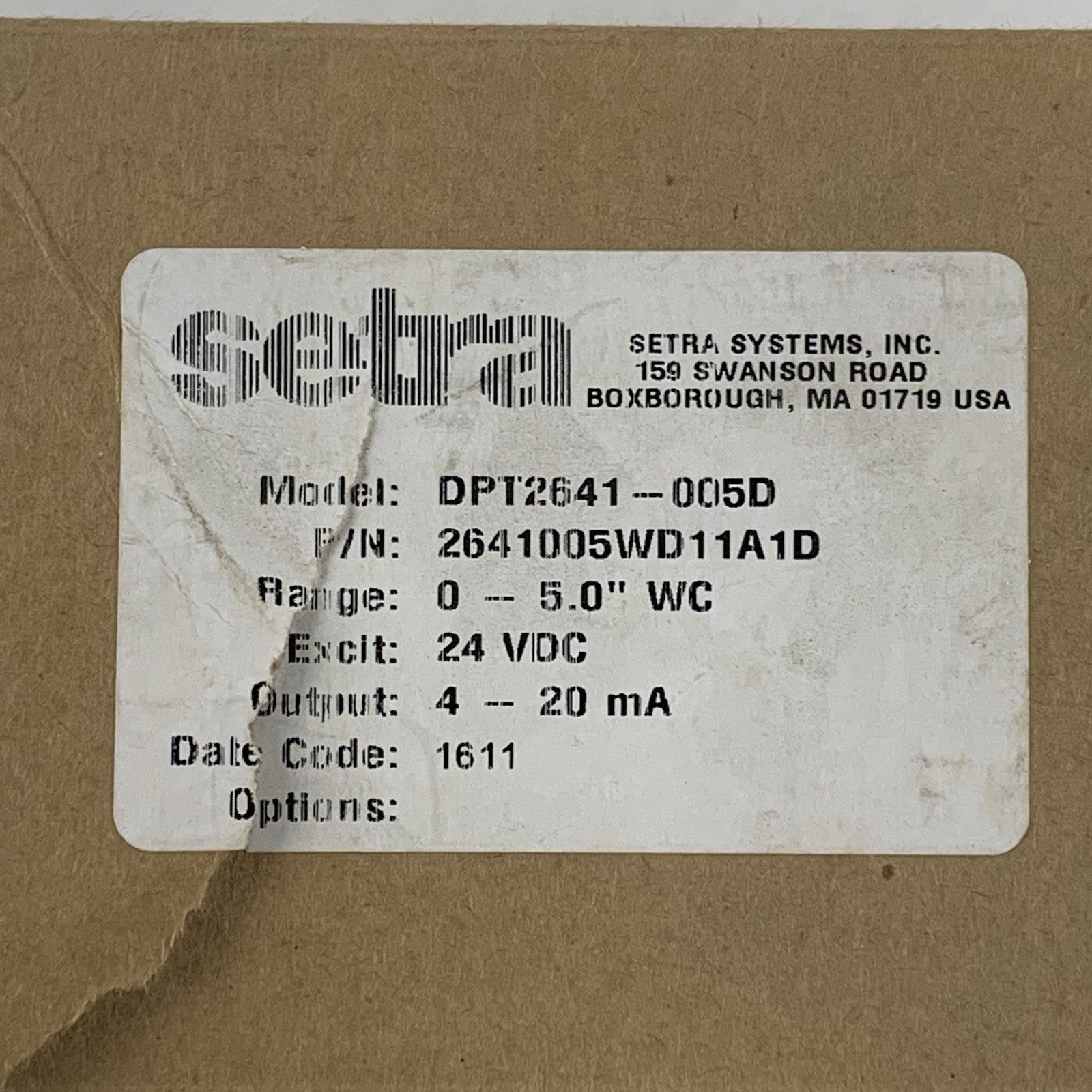 Setra 264 DPT2641-005D Differential Pressure Tranducer 0-5.0" 4-20mA 24VDC2