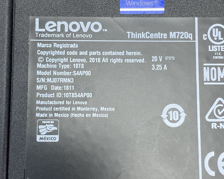 Lenovo ThinkCentre M720Q Micro Intel i5-8500T 2.10 GHz 8 GB RAM No HDD/OS/AC