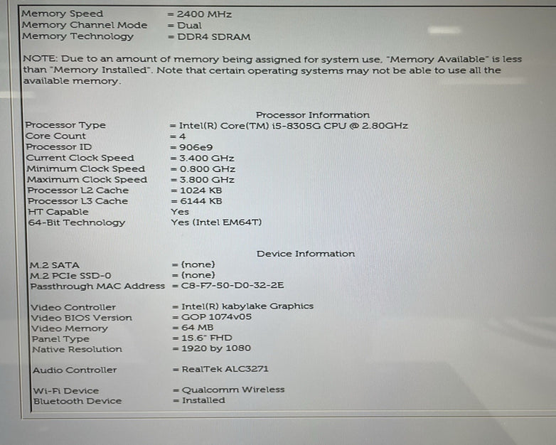 Dell XPS 15 9575 15.6" i5-8305G 2.80 GHz 8 GB RAM No SSD/OS/AC