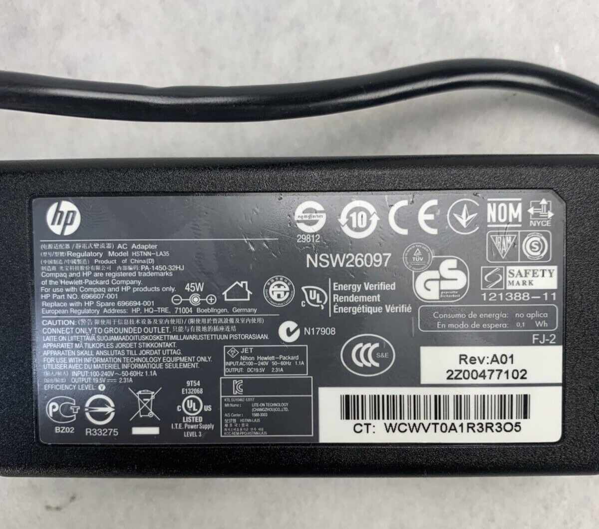 Lot of 3 HP HSTNN-LA35 AC Adapter 696697-001 45W 19.5V