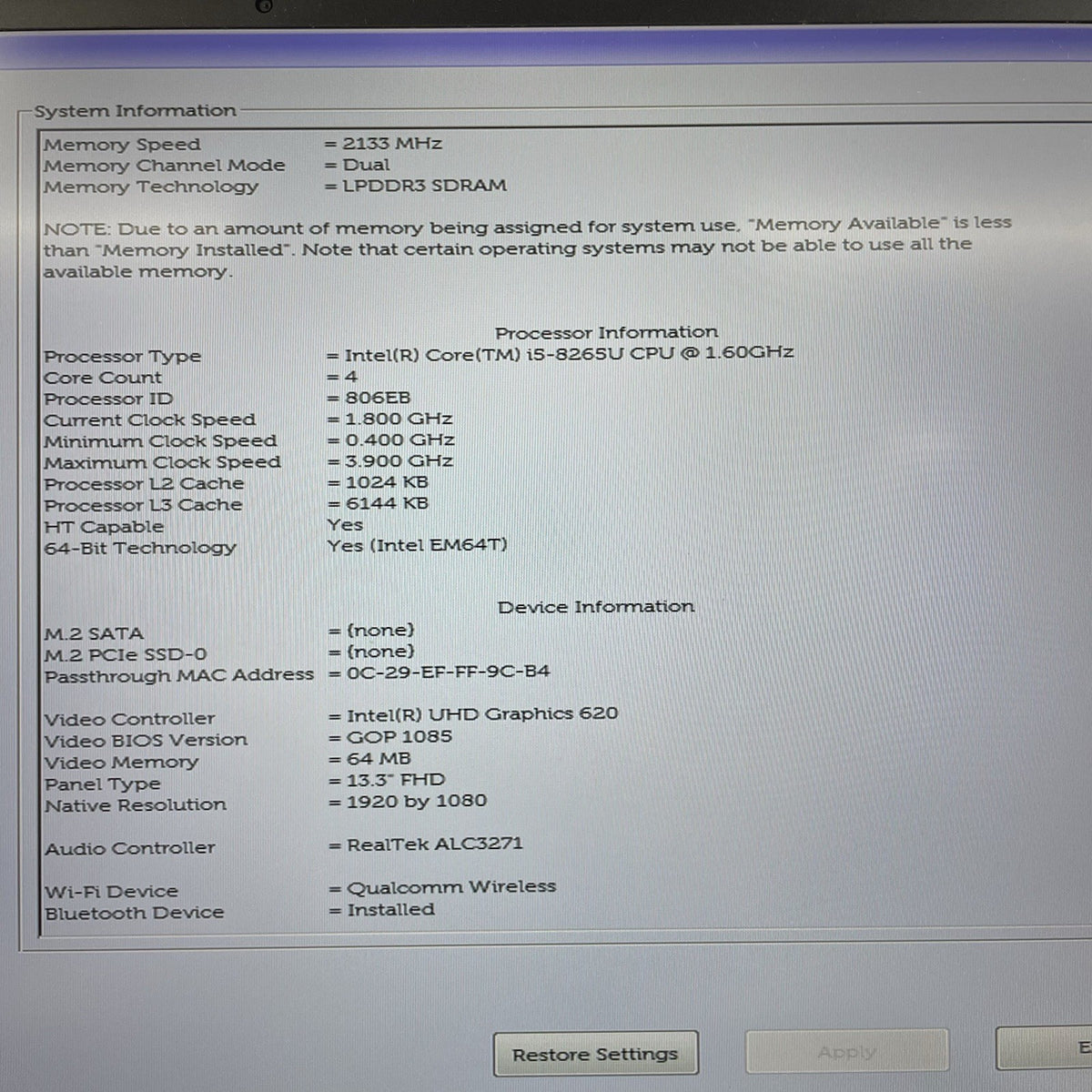 Dell XPS 13 9380 13.3" i5-8265U 1.60 GHz 8 GB RAM No SSD/OS/OS/AC4