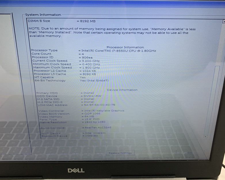 Dell Inspiron P75F Laptop 15.6" i7-8550U 1.8 GHz 12 GB Ram No OS No HDD No AC