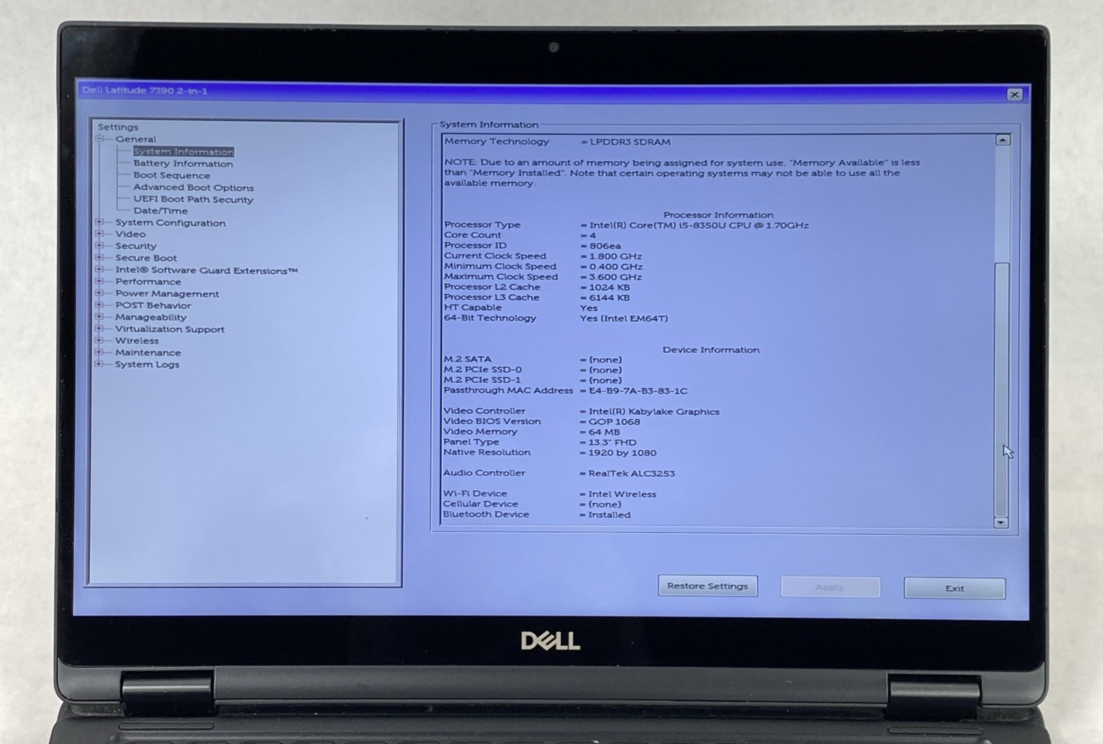 Dell Latitude 7390 2 in 1 13.3" Touch i5-8350U 1.70 GHz 8 GB RAM No HDD No OS