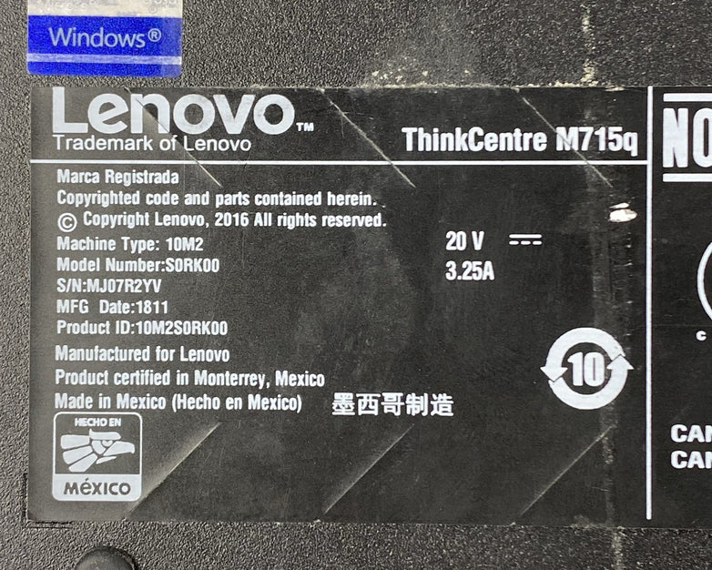 Lenovo ThinkCentre M715Q Micro AMD Pro A6-9500E 3.00 GHz 4 GB RAM No SSD/OS/AC