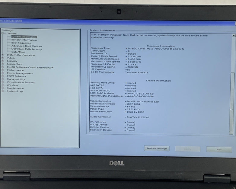 Dell Latitude 5580 Core i5-7300U 2.60 GHz 8 GB RAM 15.6" No Battery No HDD No OS