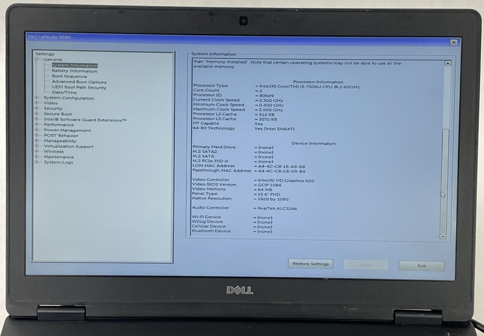 Dell Latitude 5580 Core i5-7300U 2.60 GHz 8 GB RAM 15.6" No Battery No HDD No OS