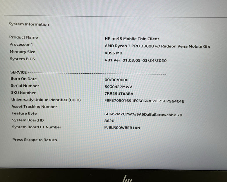 HP mt45 14" Ryzen 3 Pro 3300U 2.10 GHz 4 GB RAM No SSD/OS/AC