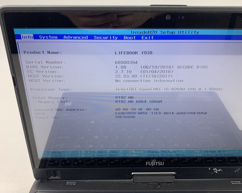 Fujitsu Lifebook T938 13.3" Laptop i5-8250U 1.6 GHz 8 GB Ram No OS No HDD No AC