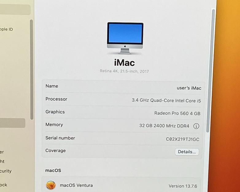 Apple A1418 iMac Retina 4k 21.5" 2017 3.4GHz i5 32GB RAM 1TB HDD os13.7.6