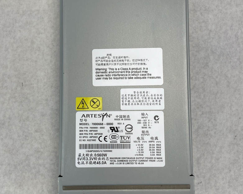 Artesyn 7000668-0000 IBM P/N: 49P2020 560W Power Supply