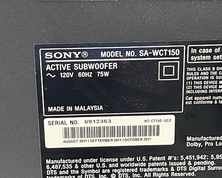 Sony SA-WCT150 Active Subwoofer Only Black Home Theater System Hub HT-CT150 75W
