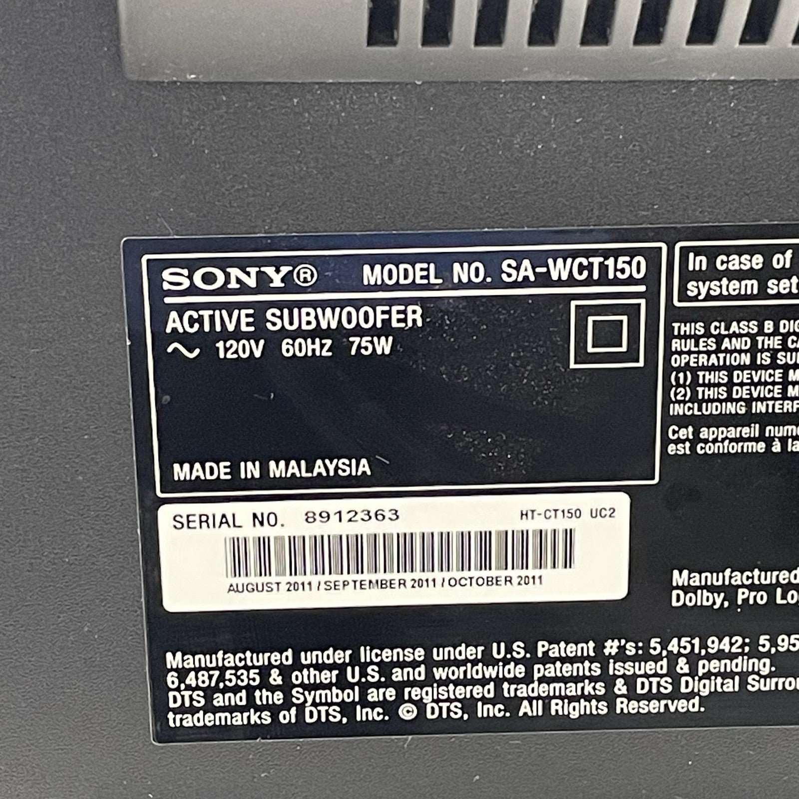 Sony SA-WCT150 Active Subwoofer Only Black Home Theater System Hub HT-CT150 75W9