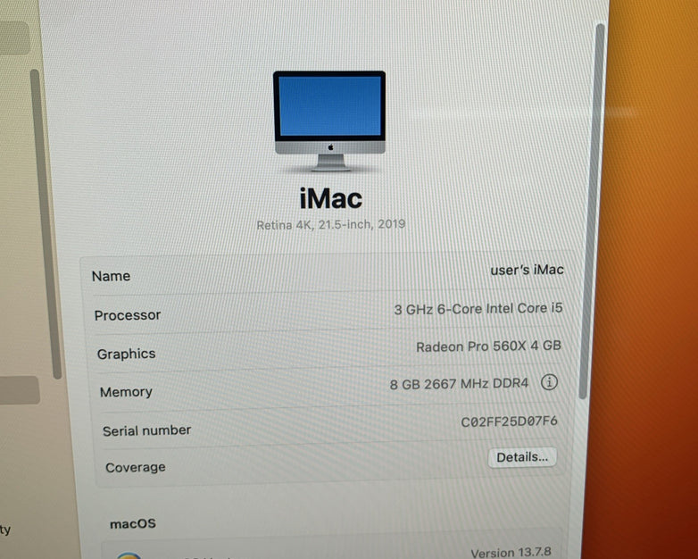 Apple iMac A2116 2019 Retina 4K 21.5" 3GHz i5 8GB RAM 250GB SSD - Screen Crack
