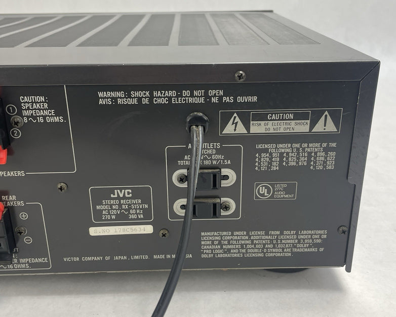 JVC RX-515VTN Dolby Pro Logic AV Receiver For Parts Or Repair