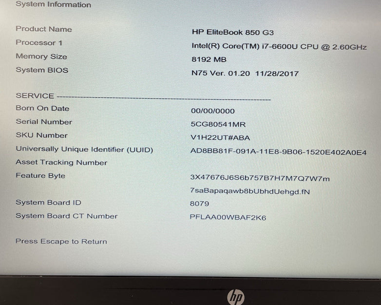 HP EliteBook 850 G3 15.6" i7-6600U 2.60 GHz 8 GB RAM No SSD/OS/AC