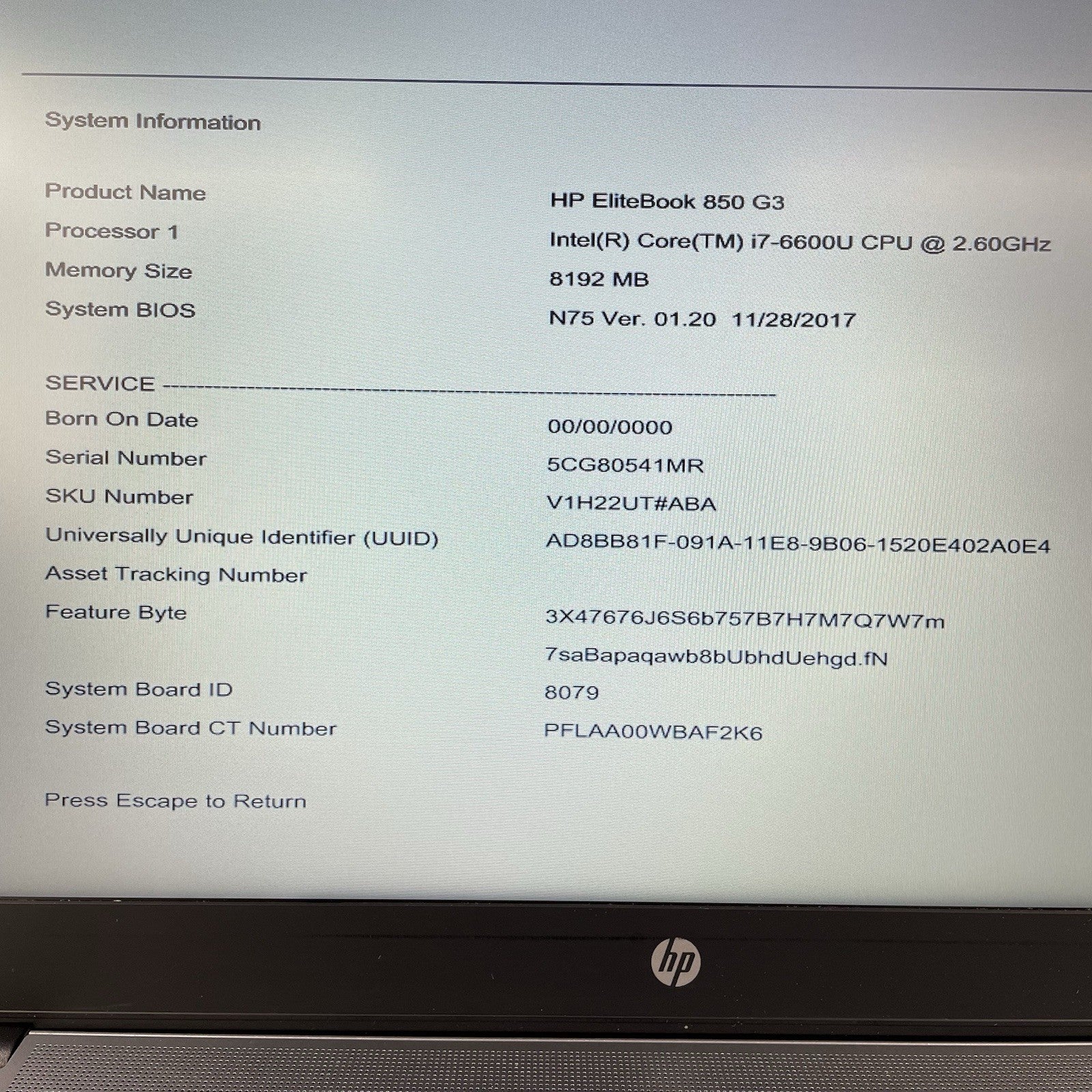 HP EliteBook 850 G3 15.6" i7-6600U 2.60 GHz 8 GB RAM No SSD/OS/AC2
