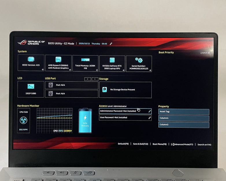 ASUS ROG GA401Q 14" Ryzen 9 5900HS 3.30GHz 16GB RAM RTX 3060 No SSD/OS/AC
