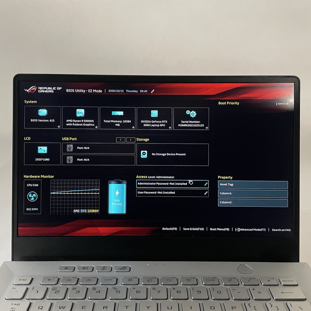 ASUS ROG GA401Q 14" Ryzen 9 5900HS 3.30GHz 16GB RAM RTX 3060 No SSD/OS/AC2