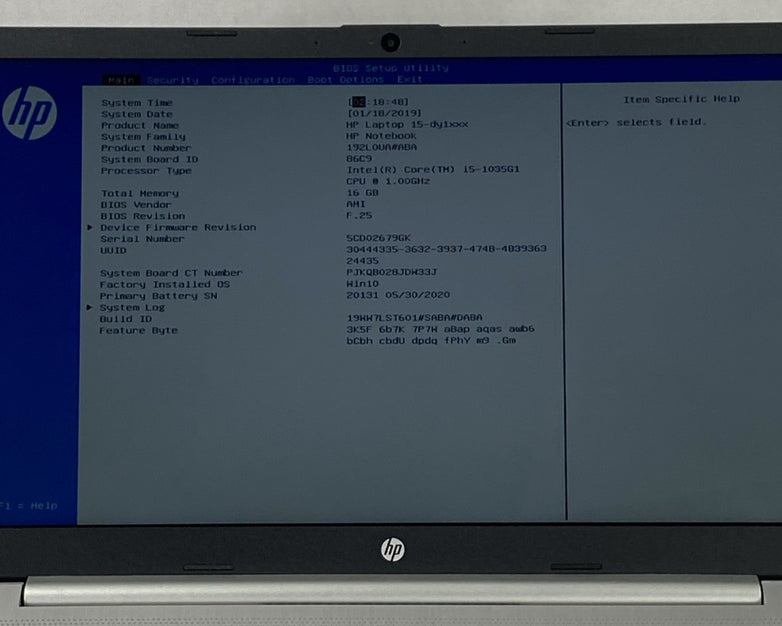 HP Laptop 15-dy1043dx 15.6" Touch Core i5-1035G1 1.00 GHz 16 GB RAM No SSD No OS