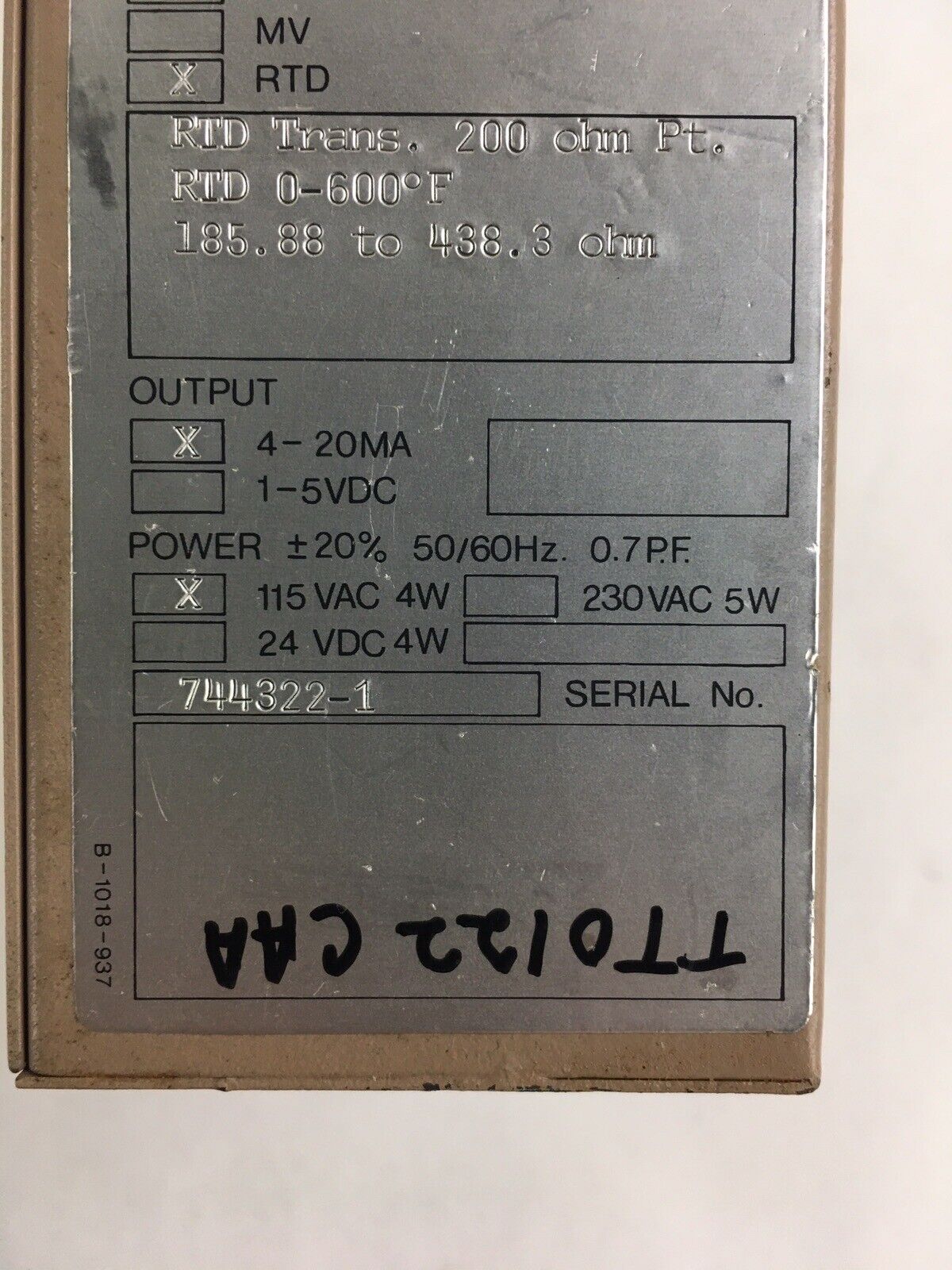 Ris SC-1372-323-3P Isolated Rtd Transmitter 4-20MA 115 VAC 4W 200 Ohm Untested