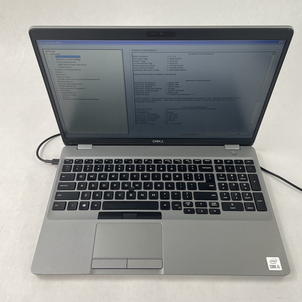 Dell Latitude 5510 15.6" i5-10210U 1.60 GHz 8 GB RAM No SSD/OS/AC/Batt2
