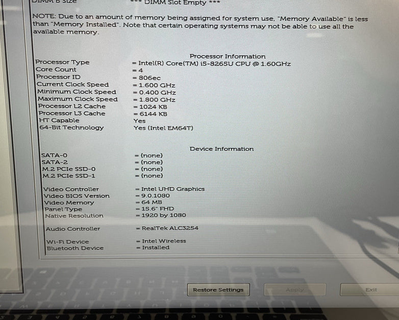 Dell Inspiron 7586 15.6" i5-8265U 1.60 GHz 8 GB RAM No SSD/OS/AC/Batt