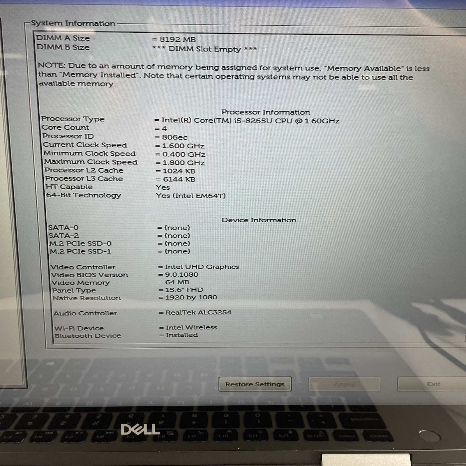 Dell Inspiron 7586 15.6" i5-8265U 1.60 GHz 8 GB RAM No SSD/OS/AC/Batt3