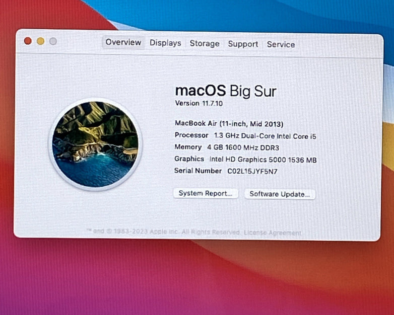 Apple A1465 MacBook Air 2013 11" 1.3Ghz i5 4GB RAM 120GB SSD macOS 11.7.1