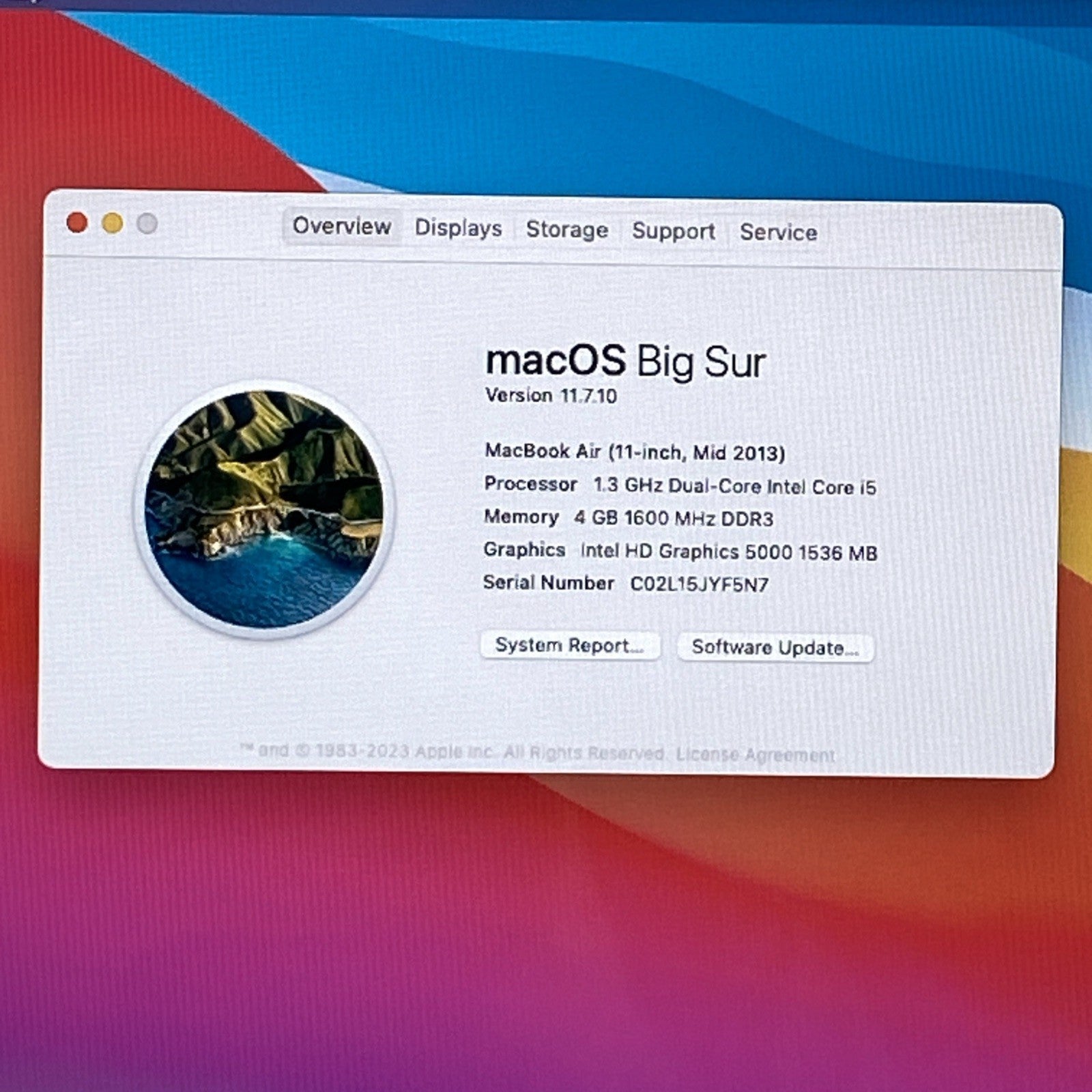 Apple A1465 MacBook Air 2013 11" 1.3Ghz i5 4GB RAM 120GB SSD macOS 11.7.1