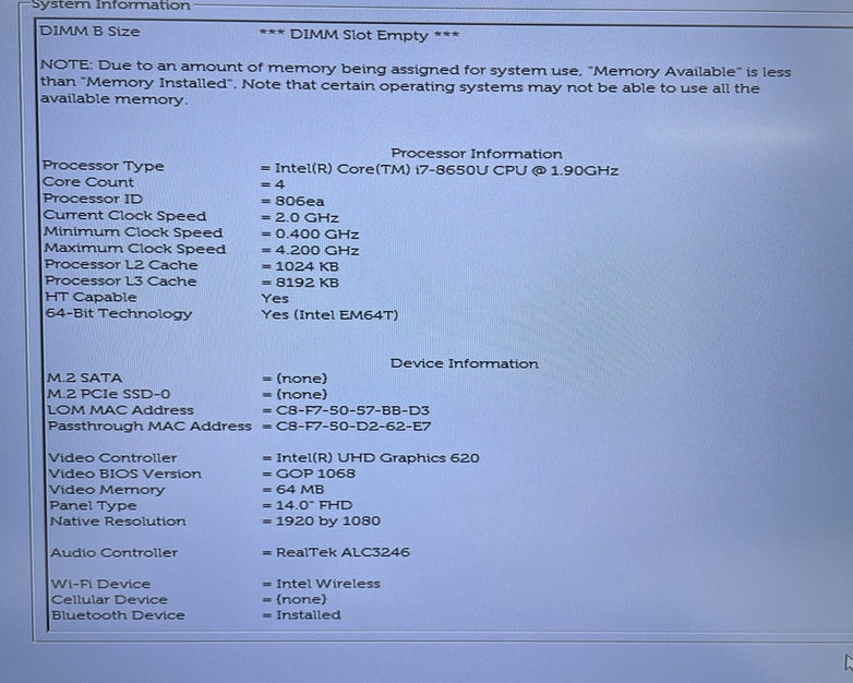 Dell Latitude 7490 14" i7-8650U 1.90 GHz 8 GB RAM No SSD/OS/AC/Battery