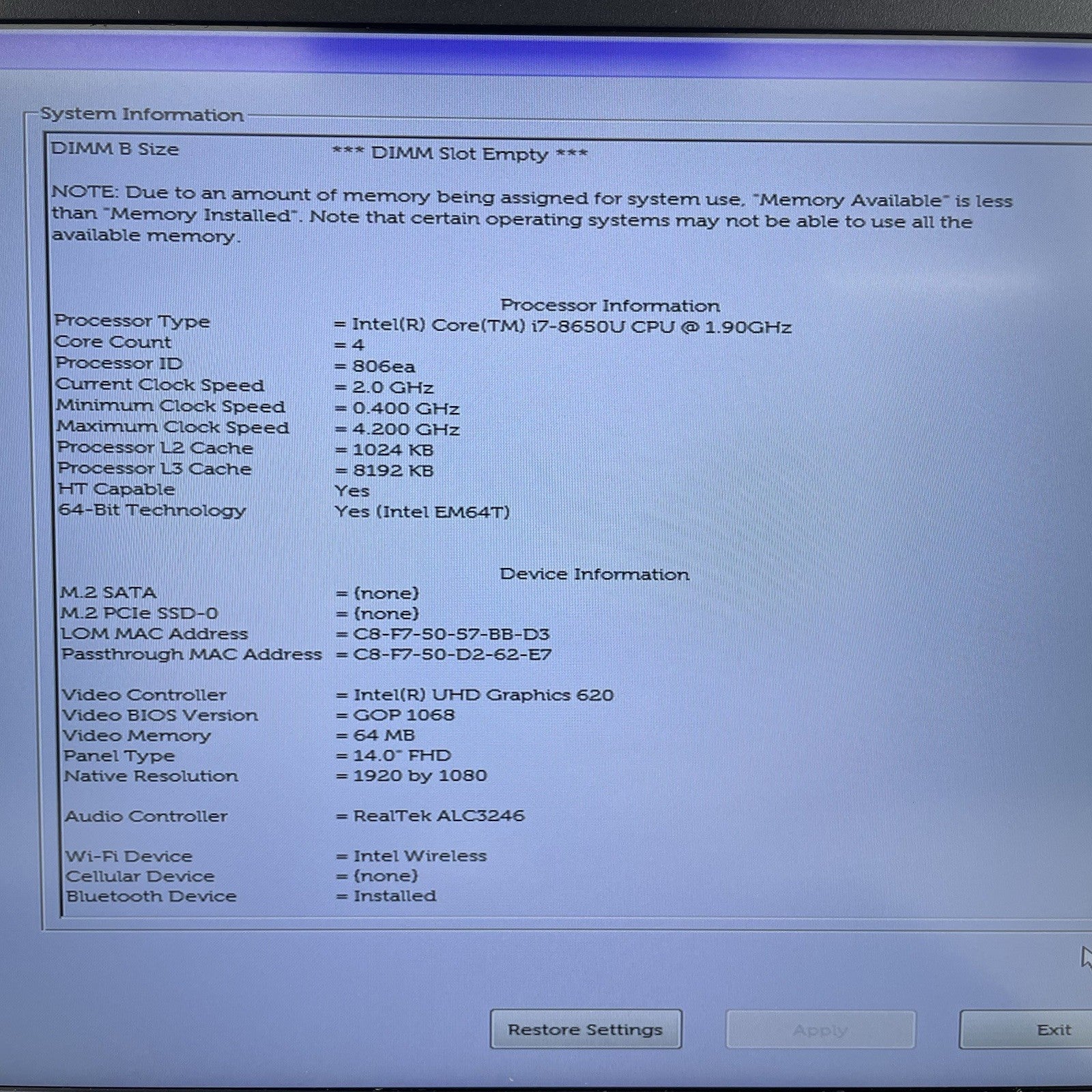 Dell Latitude 7490 14" i7-8650U 1.90 GHz 8 GB RAM No SSD/OS/AC/Battery3