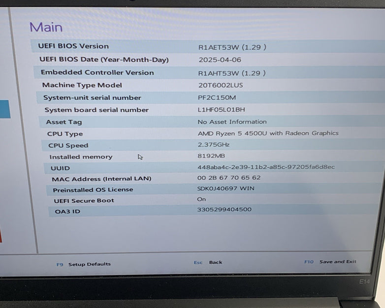 Lenovo ThinkPad E14 Gen 2 Ryzen 5 4500U 2.375 GHz 8 GB Ram No OS/SSD/AC/Batt