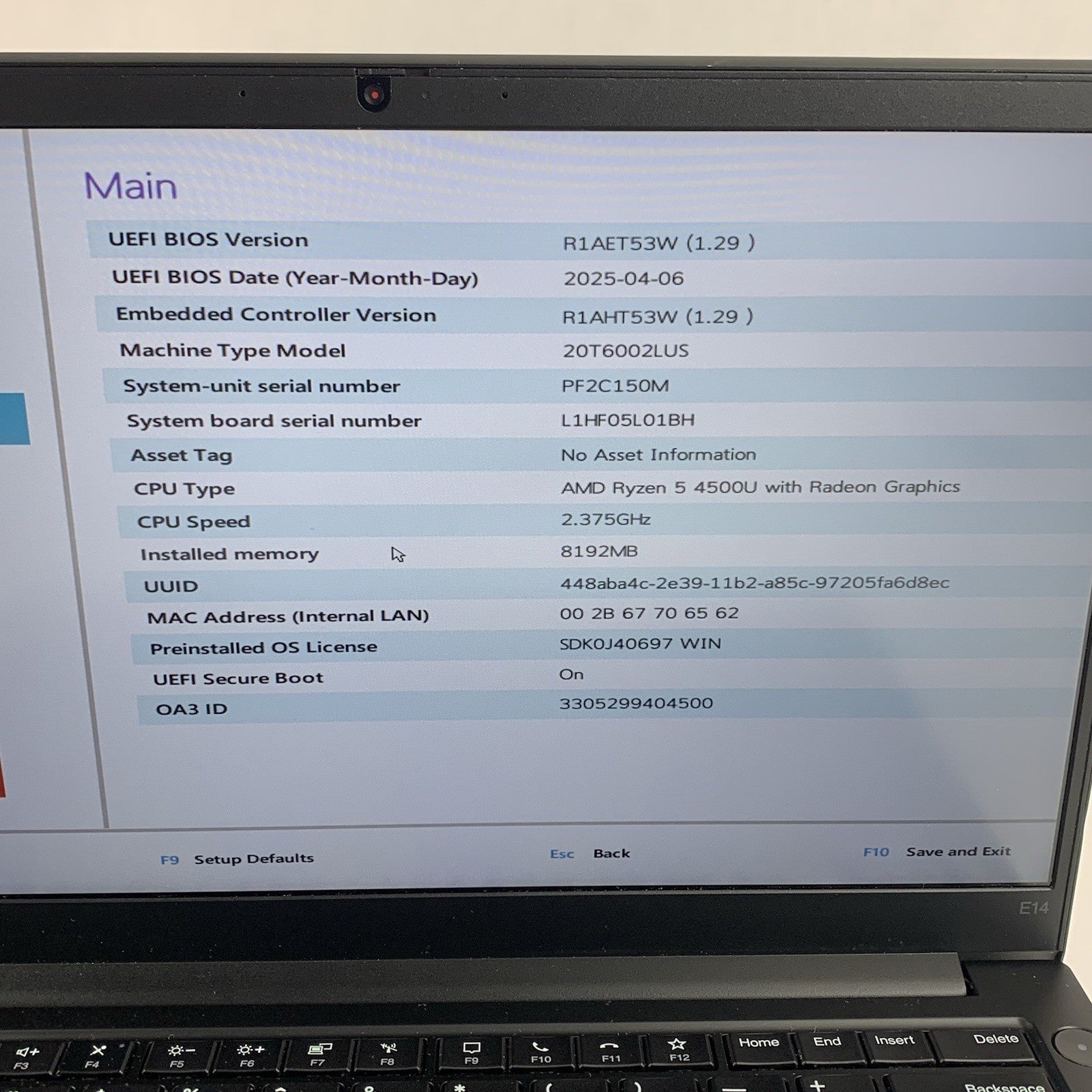 Lenovo ThinkPad E14 Gen 2 Ryzen 5 4500U 2.375 GHz 8 GB Ram No OS/SSD/AC/Batt2