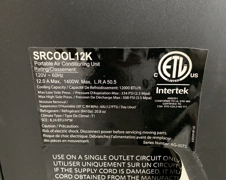 Tripp Lite SRCOOL12K Portable Air Conditioner 1400w Blows Cool For Parts