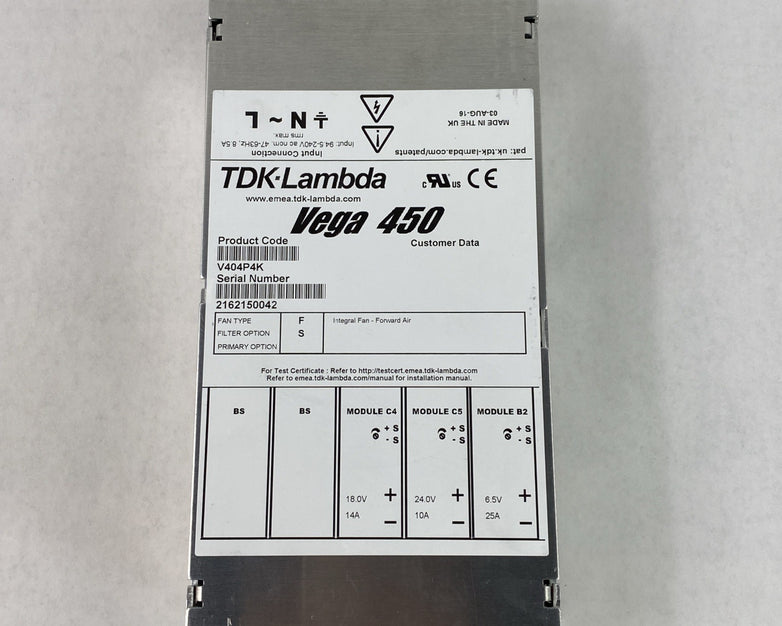 TDK-Lambda V404P4K Vega 450 450W Integral Fan Forward Air Power Supply 1010113