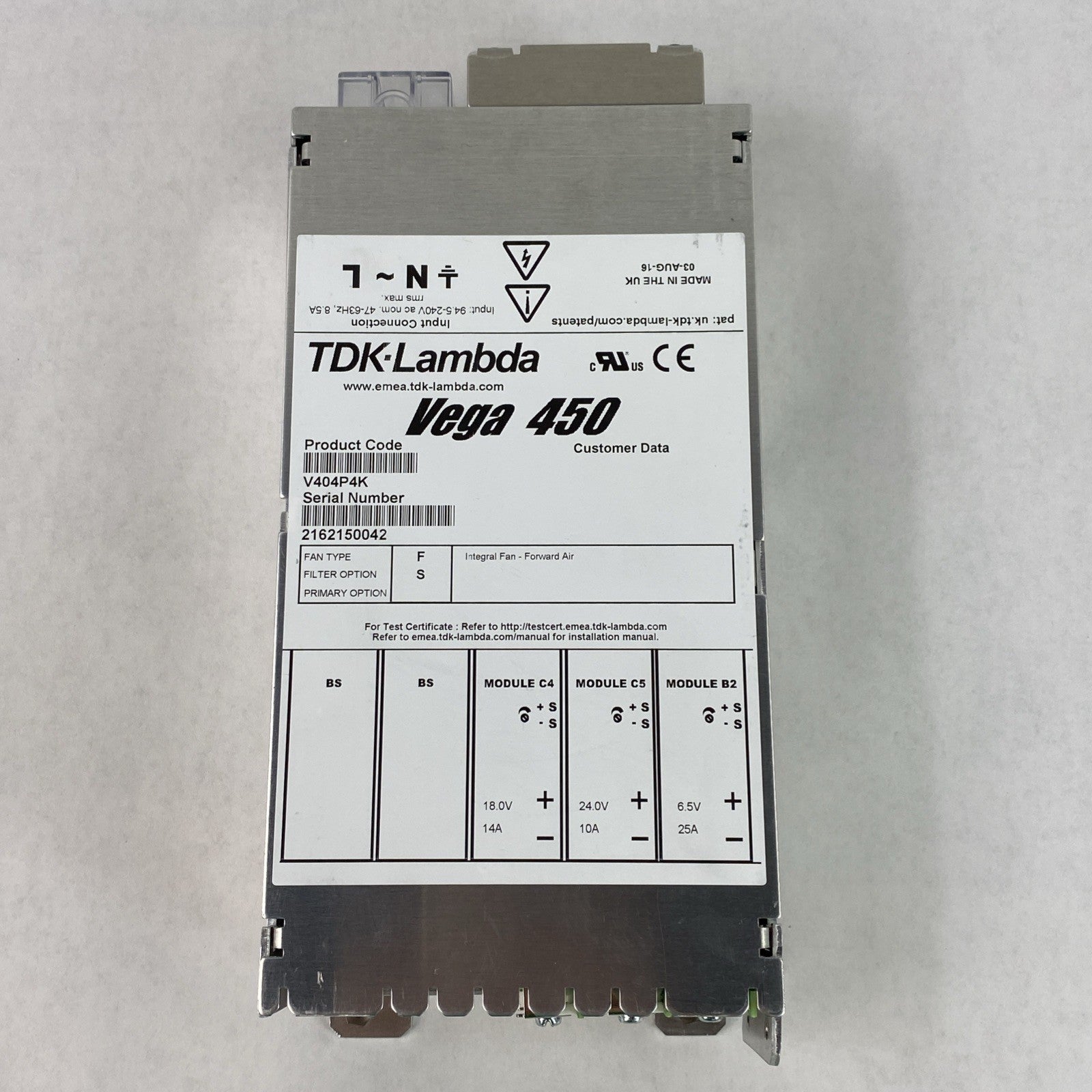 TDK-Lambda V404P4K Vega 450 450W Integral Fan Forward Air Power Supply 10101134