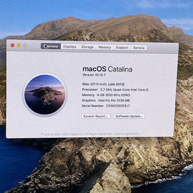 Apple A1418 iMac 21.5" 2013 2.7GHz Core i5 8GB RAM 500GB SSD macOS 10.15.7