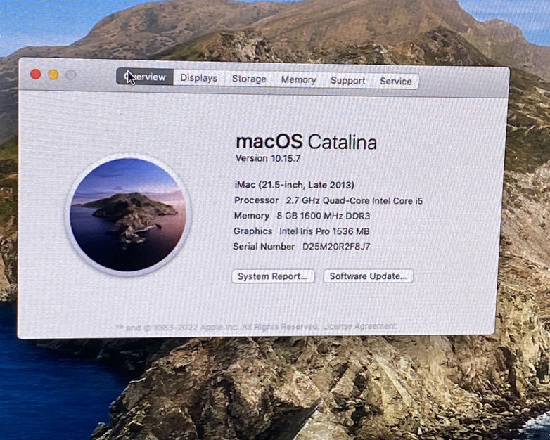 Apple A1418 iMac 21.5" 2013 2.7GHz Core i5 8GB RAM 500GB SSD macOS 10.15.7