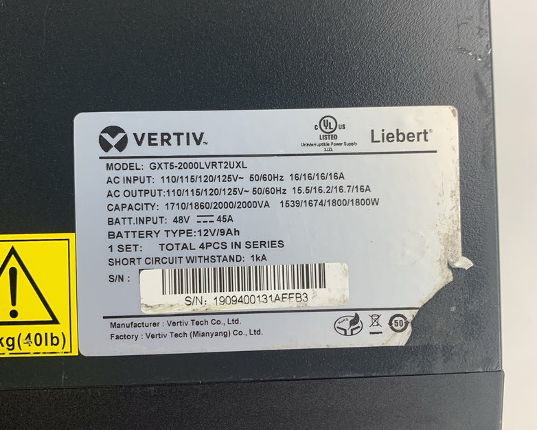Liebert Vertiv GXT5-2000LVRT2UXL 2000VA 1800W 125V Rack UPS Tested Bad Screen