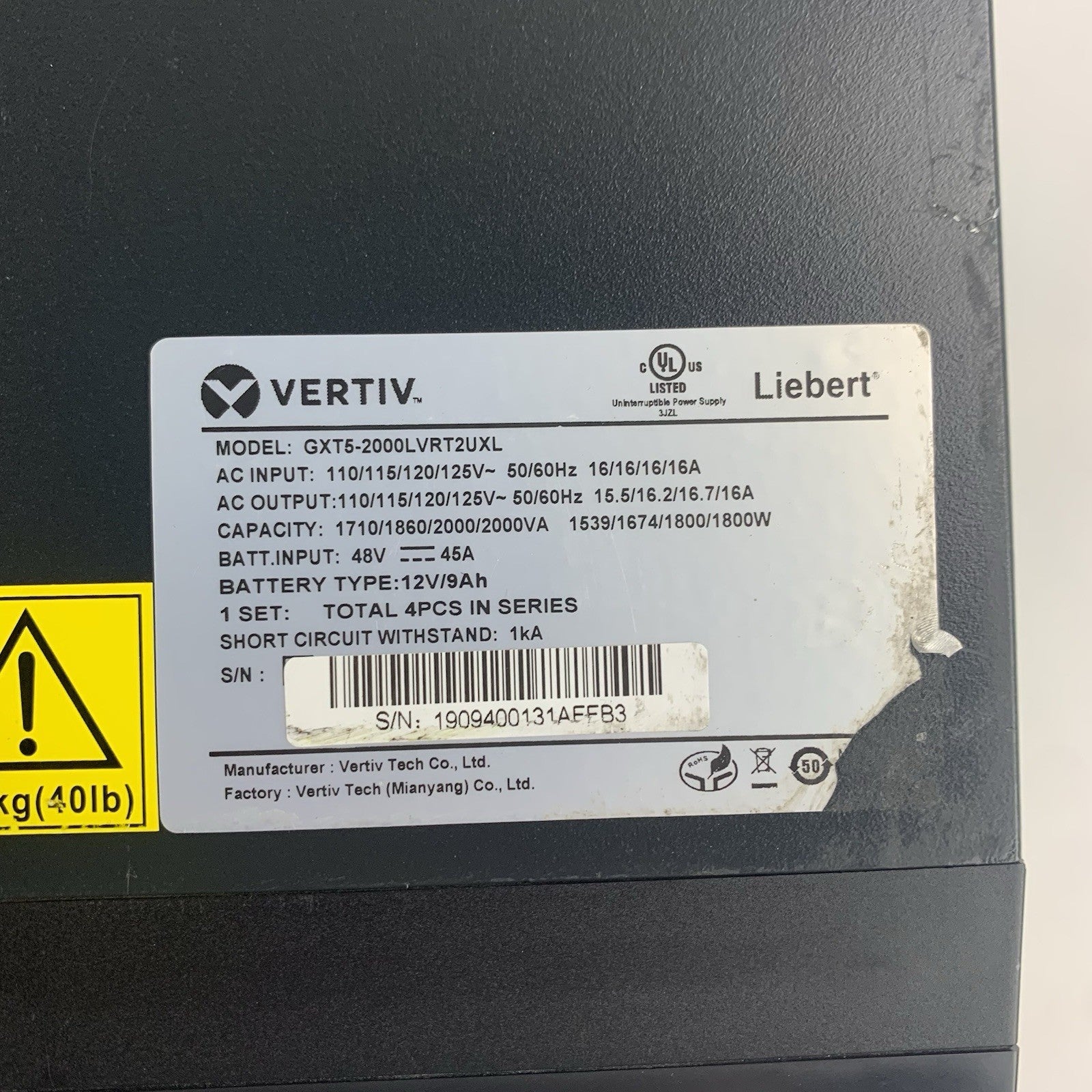 Liebert Vertiv GXT5-2000LVRT2UXL 2000VA 1800W 125V Rack UPS Tested Bad Screen3