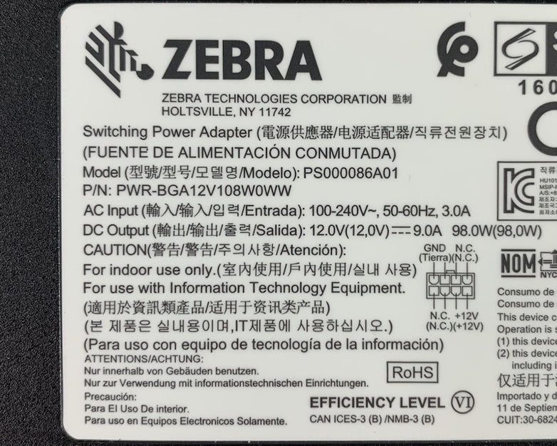 Zebra PS000086A01 PWR-BGA12V108W0WW 12V 9A 98W AC Adapter Power Supply
