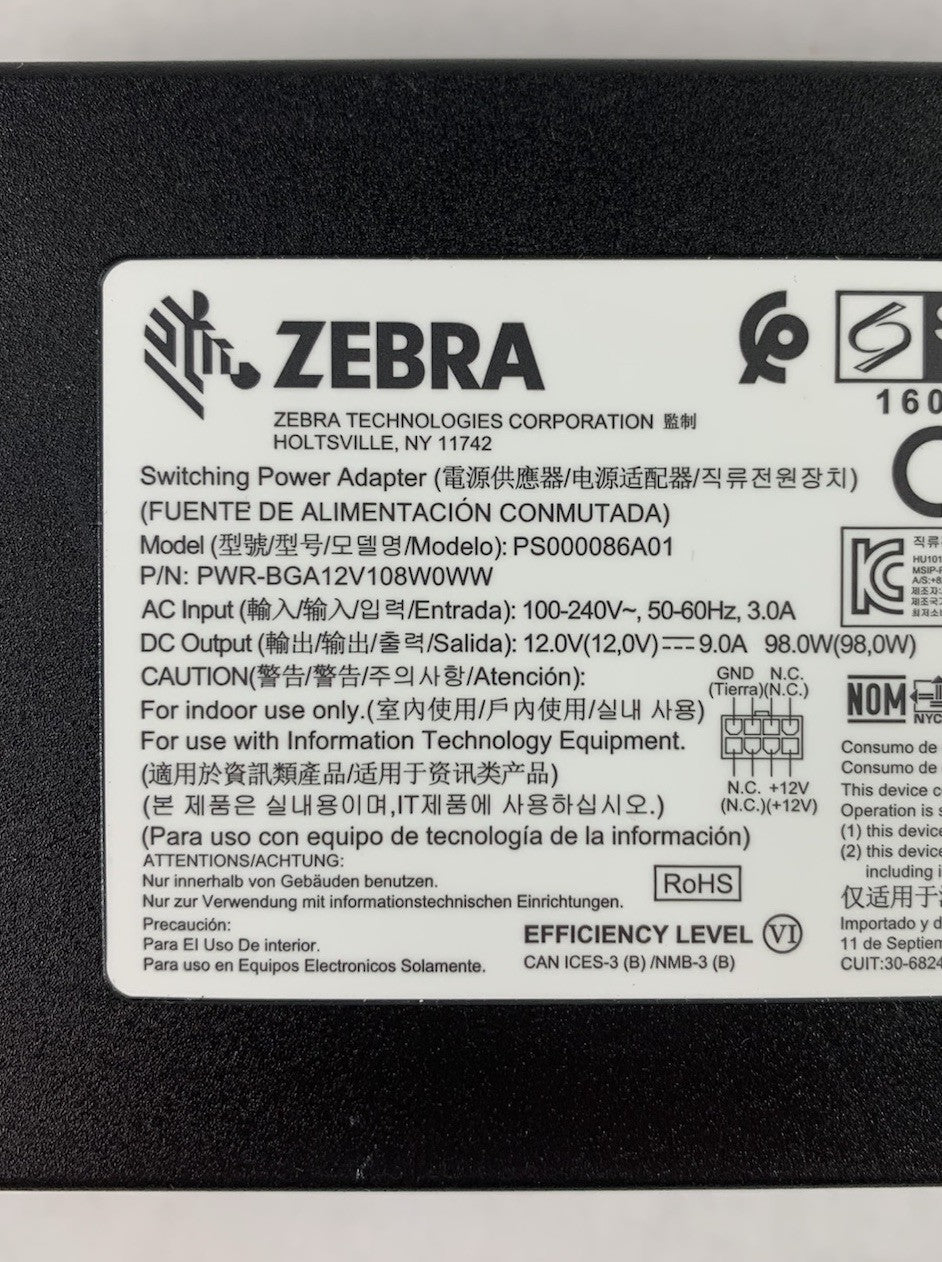 Zebra PS000086A01 PWR-BGA12V108W0WW 12V 9A 98W AC Adapter Power Supply6